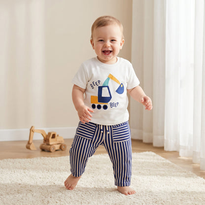 Juniors Crew Neck Short Sleeves T-shirt and Pants Set with Excavator Design