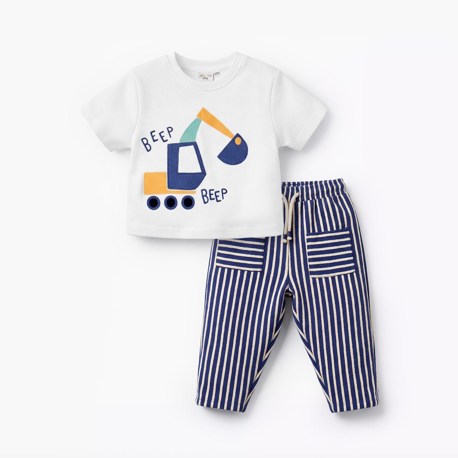 Juniors Crew Neck Short Sleeves T-shirt and Pants Set with Excavator Design