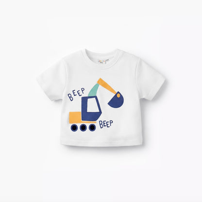 Juniors Crew Neck Short Sleeves T-shirt and Pants Set with Excavator Design