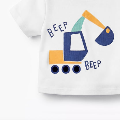 Juniors Crew Neck Short Sleeves T-shirt and Pants Set with Excavator Design