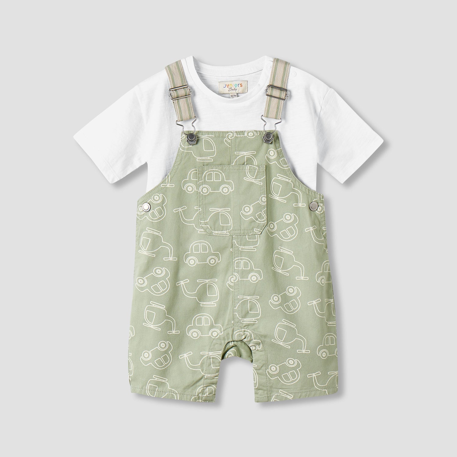 Juniors Crew Neck Short Sleeves T-shirt and Dungaree Set with Vehicle Print - Green / 12-18 mths