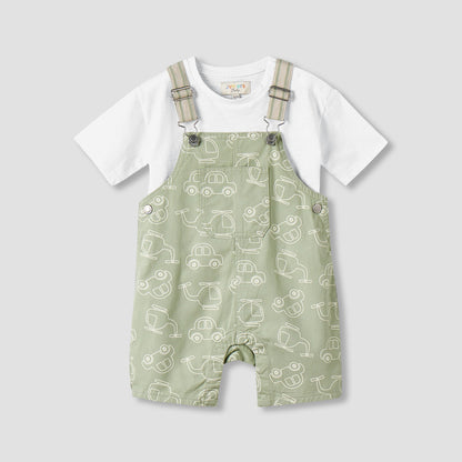 Juniors Crew Neck Short Sleeves T-shirt and Dungaree Set with Vehicle Print - Green / 12-18 mths