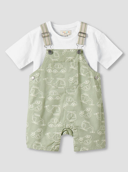 Juniors Crew Neck Short Sleeves T-shirt and Dungaree Set with Vehicle Print-baby-boys-clothing-setsandcoords-image-2