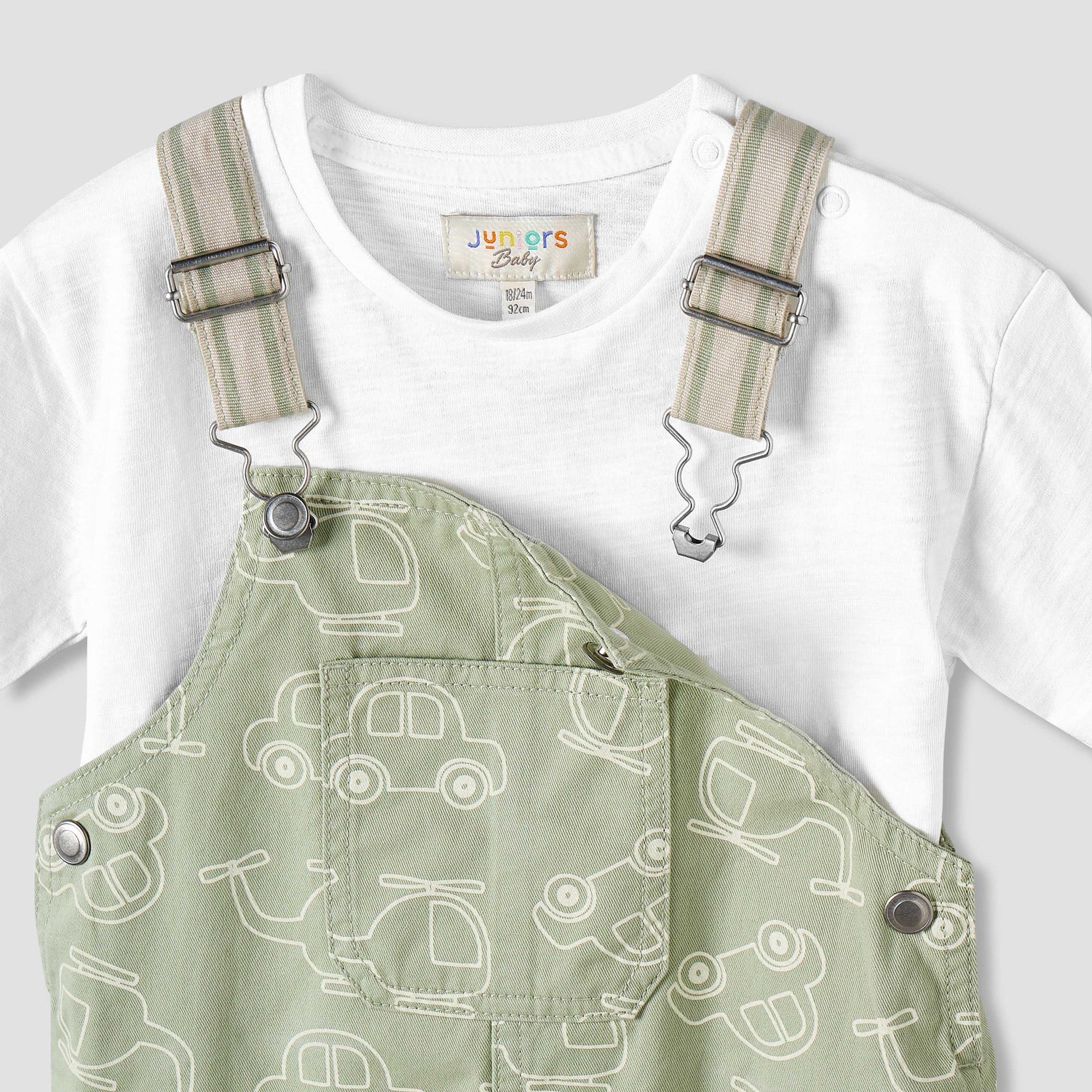 Juniors Crew Neck Short Sleeves T-shirt and Dungaree Set with Vehicle Print