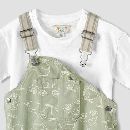 Juniors Crew Neck Short Sleeves T-shirt and Dungaree Set with Vehicle Print