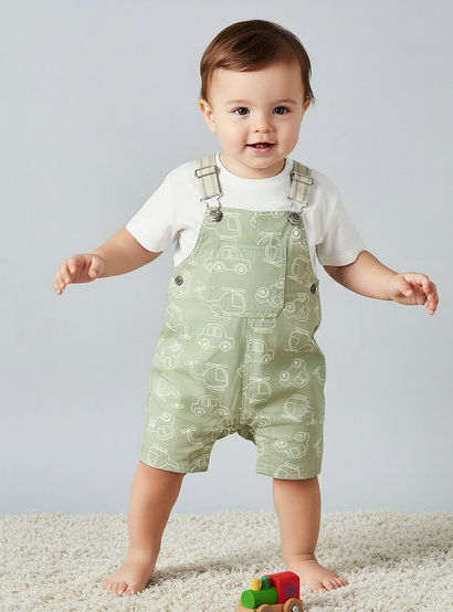 Juniors Crew Neck Short Sleeves T-shirt and Dungaree Set with Vehicle Print-baby-boys-clothing-setsandcoords-image-1