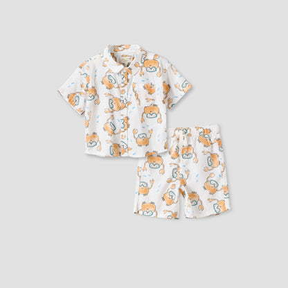 Juniors Collared Short Sleeves Shirt and Shorts Set with Crab Print
