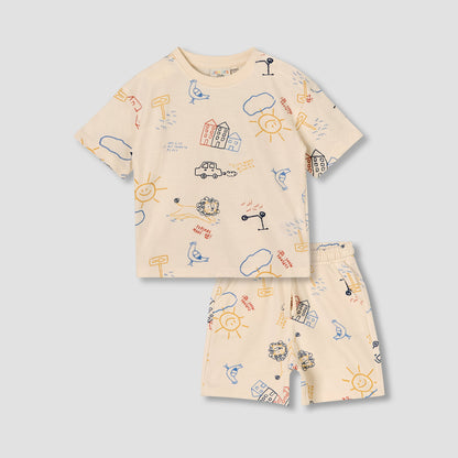 Juniors Crew Neck Short Sleeves T-shirt and Shorts Set with Print - Orange / 12-18 mths
