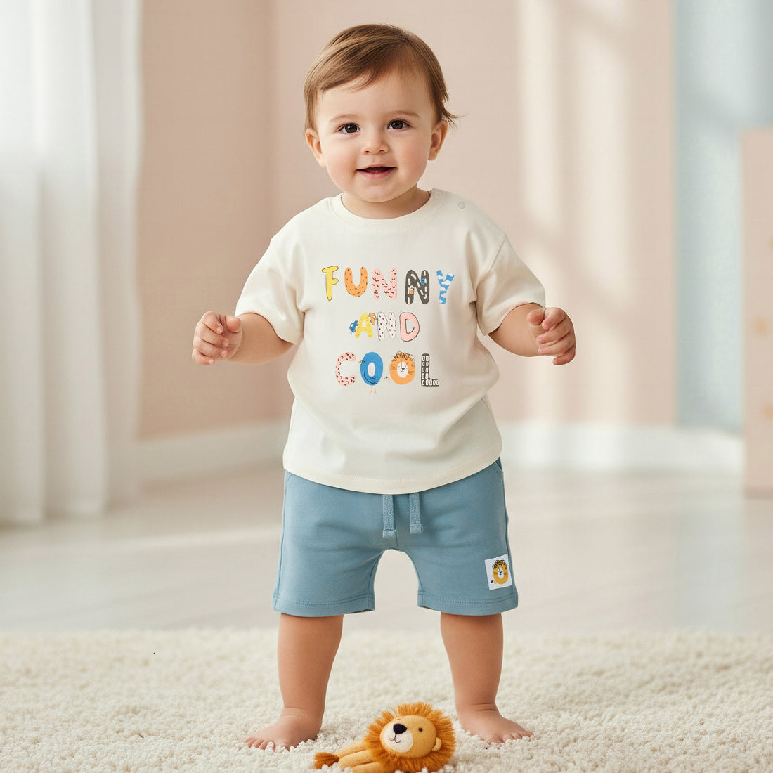 Juniors Crew Neck Short Sleeves T-shirt and Shorts Set with Graphic Print - Multicolour / 12-18 mths