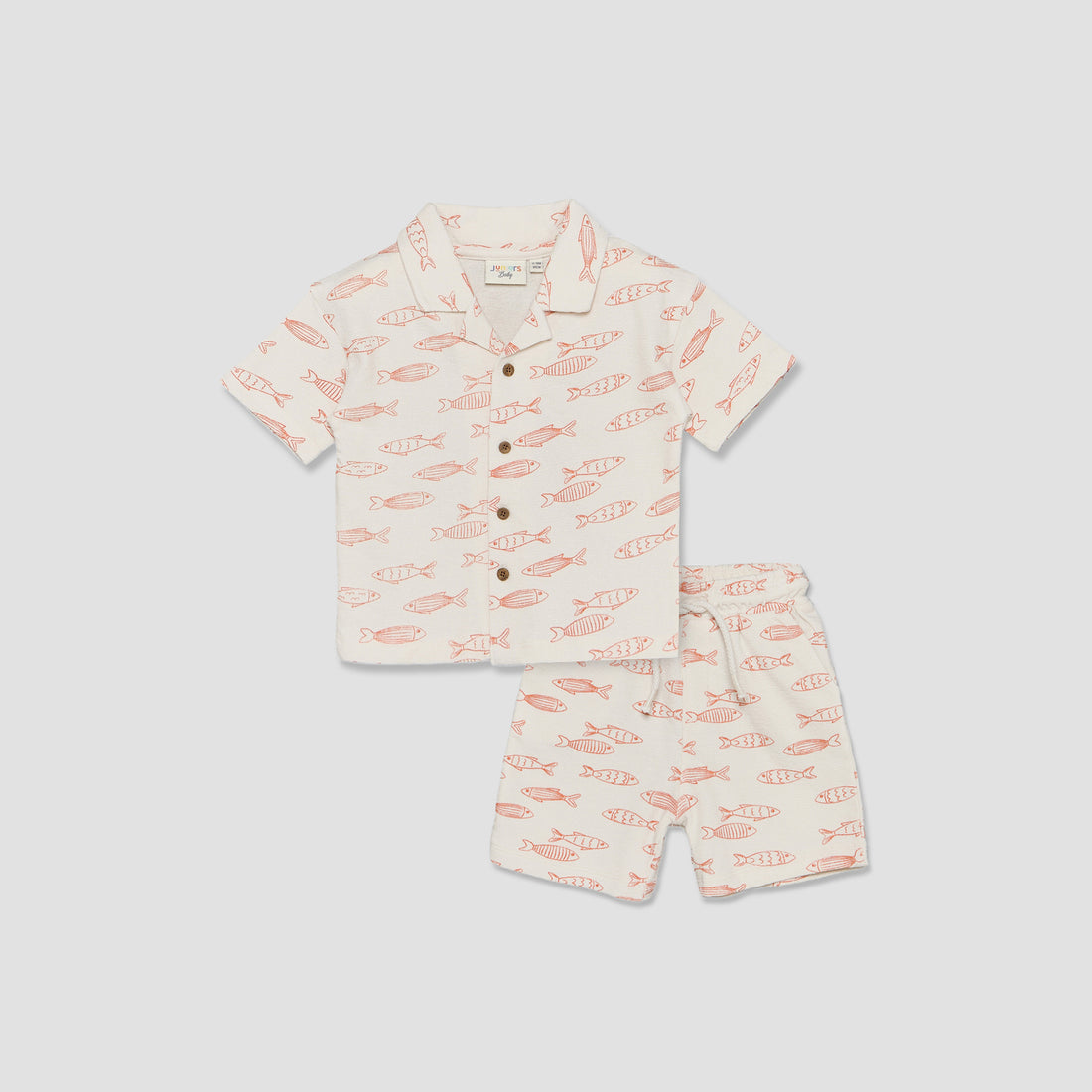 Juniors Collared Short Sleeves Shirt and Shorts Set with Fish Print - White / 12-18 mths