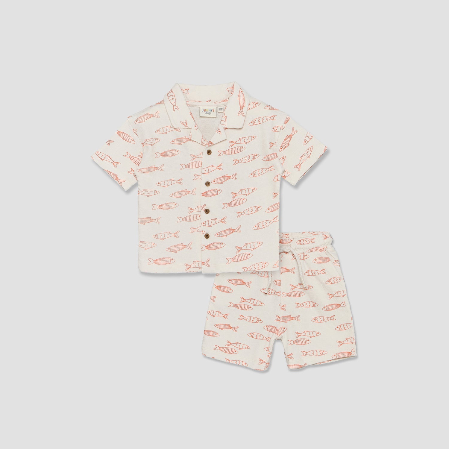 Juniors Collared Short Sleeves Shirt and Shorts Set with Fish Print - White / 12-18 mths