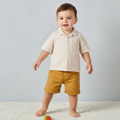 Juniors Camp Collar Short Sleeves Shirt and Shorts Set with Textured Design - Cream / 18-24 mths