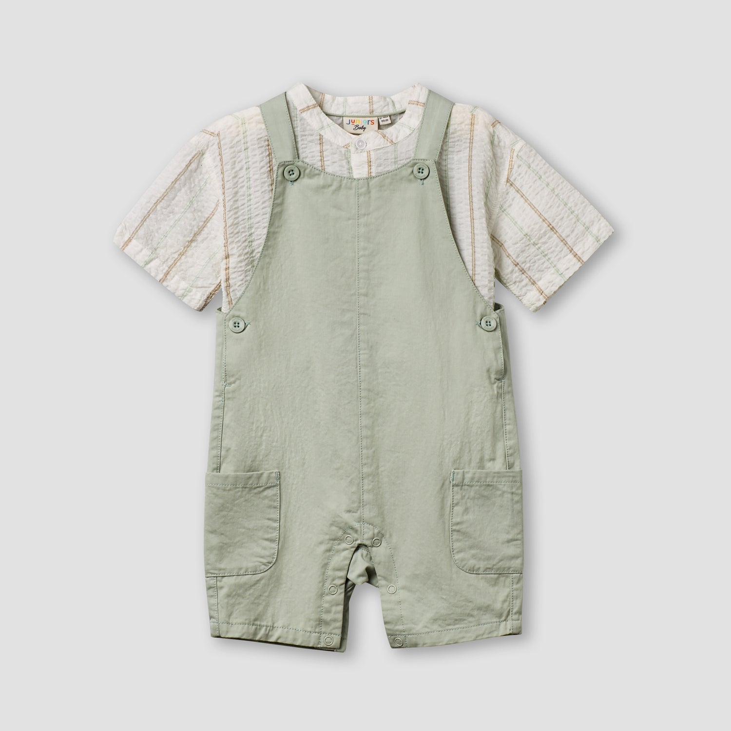 Juniors Mandarin Collar Short Sleeve Shirt and Dungaree Set with Pockets - Green / 12-18 mths
