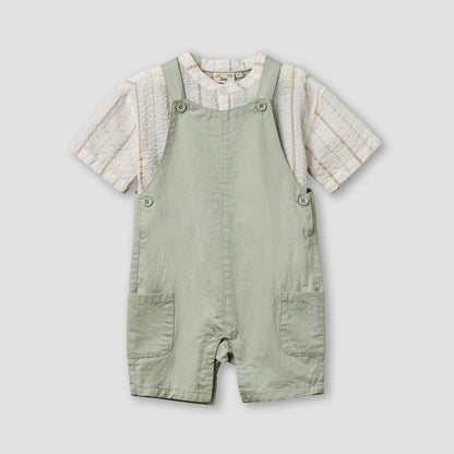 Juniors Mandarin Collar Short Sleeve Shirt and Dungaree Set with Pockets - Green / 12-18 mths