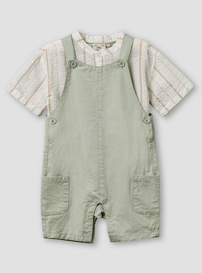 Juniors Mandarin Collar Short Sleeve Shirt and Dungaree Set with Pockets-baby-boys-clothing-setsandcoords-image-2