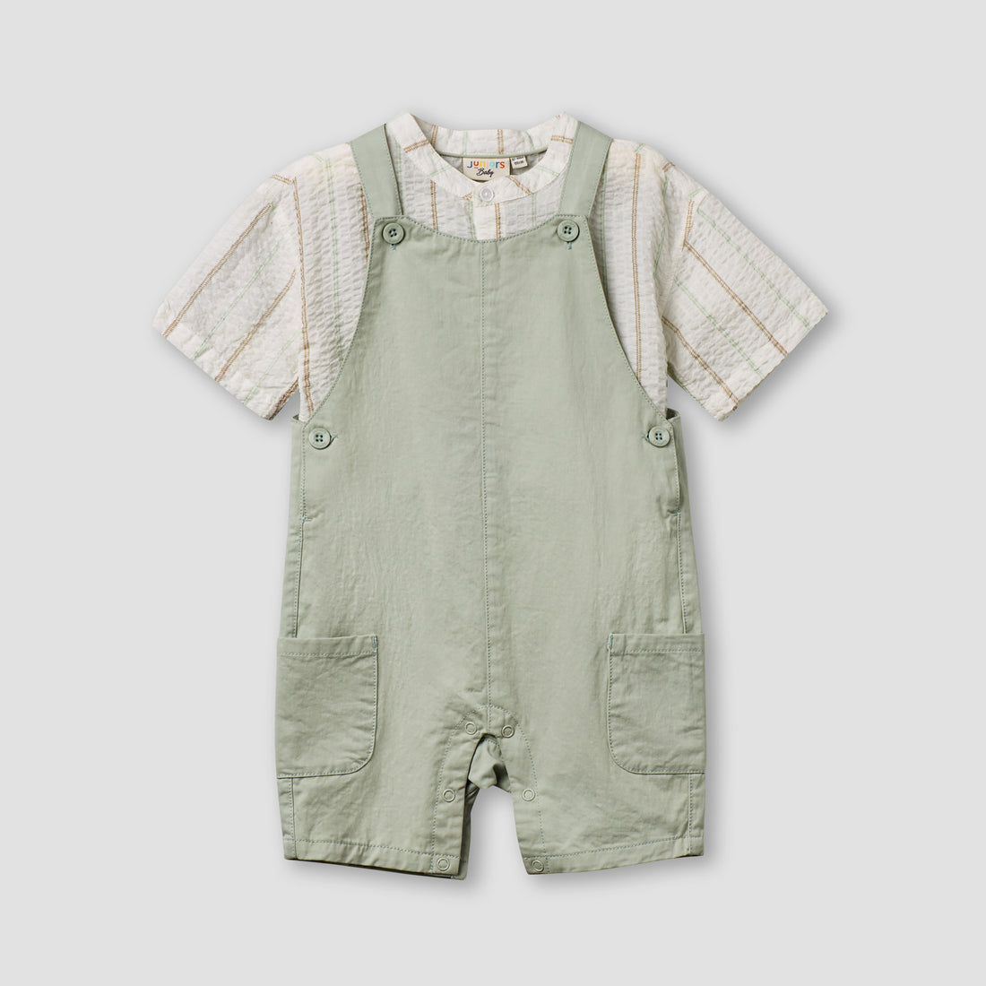 Juniors Mandarin Collar Short Sleeve Shirt and Dungaree Set with Pockets