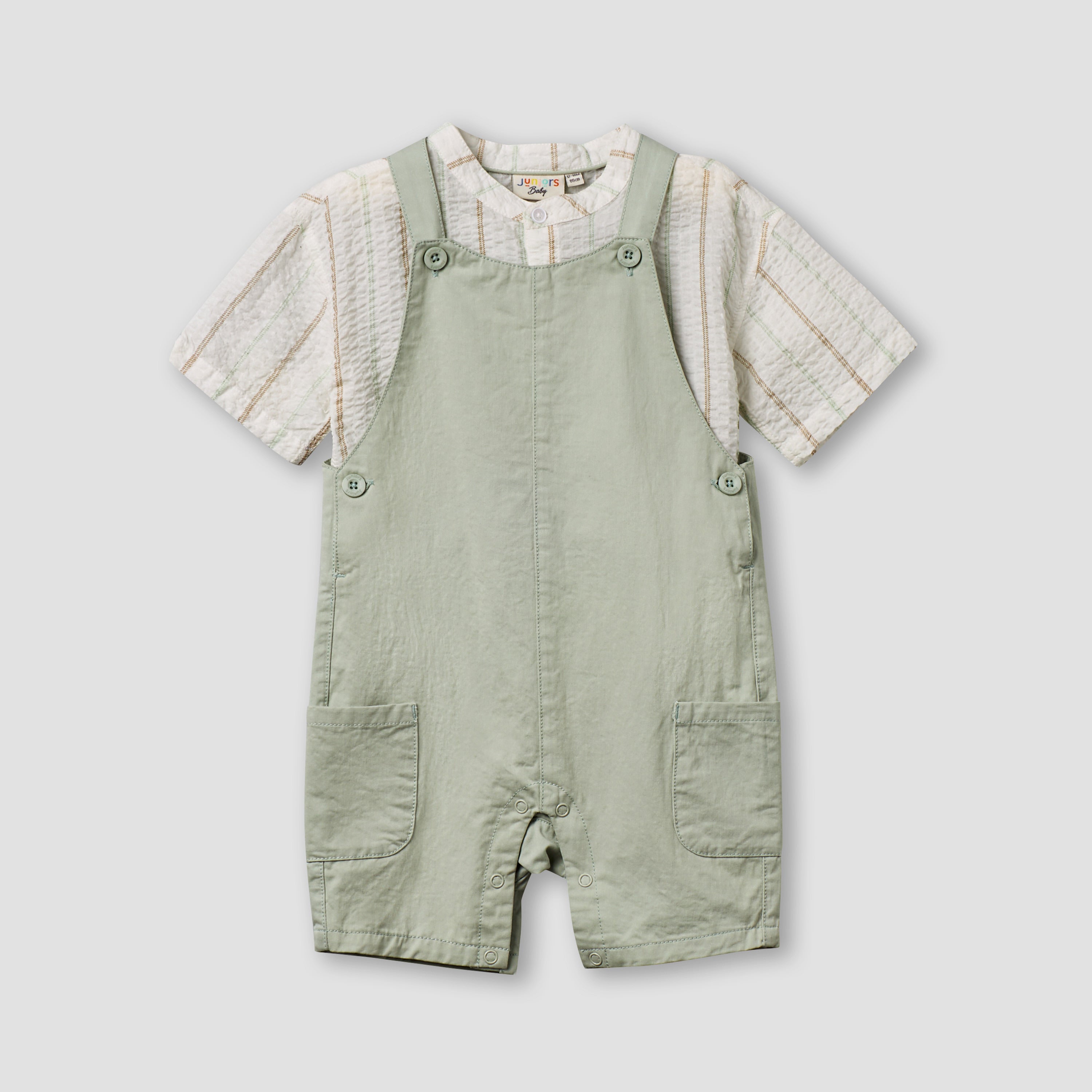 Juniors Mandarin Collar Short Sleeve Shirt and Dungaree Set with Pockets