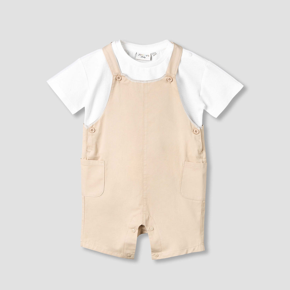 Juniors Crew Neck Short Sleeves T-shirt and Dungaree Set with Pockets - Beige / 12-18 mths