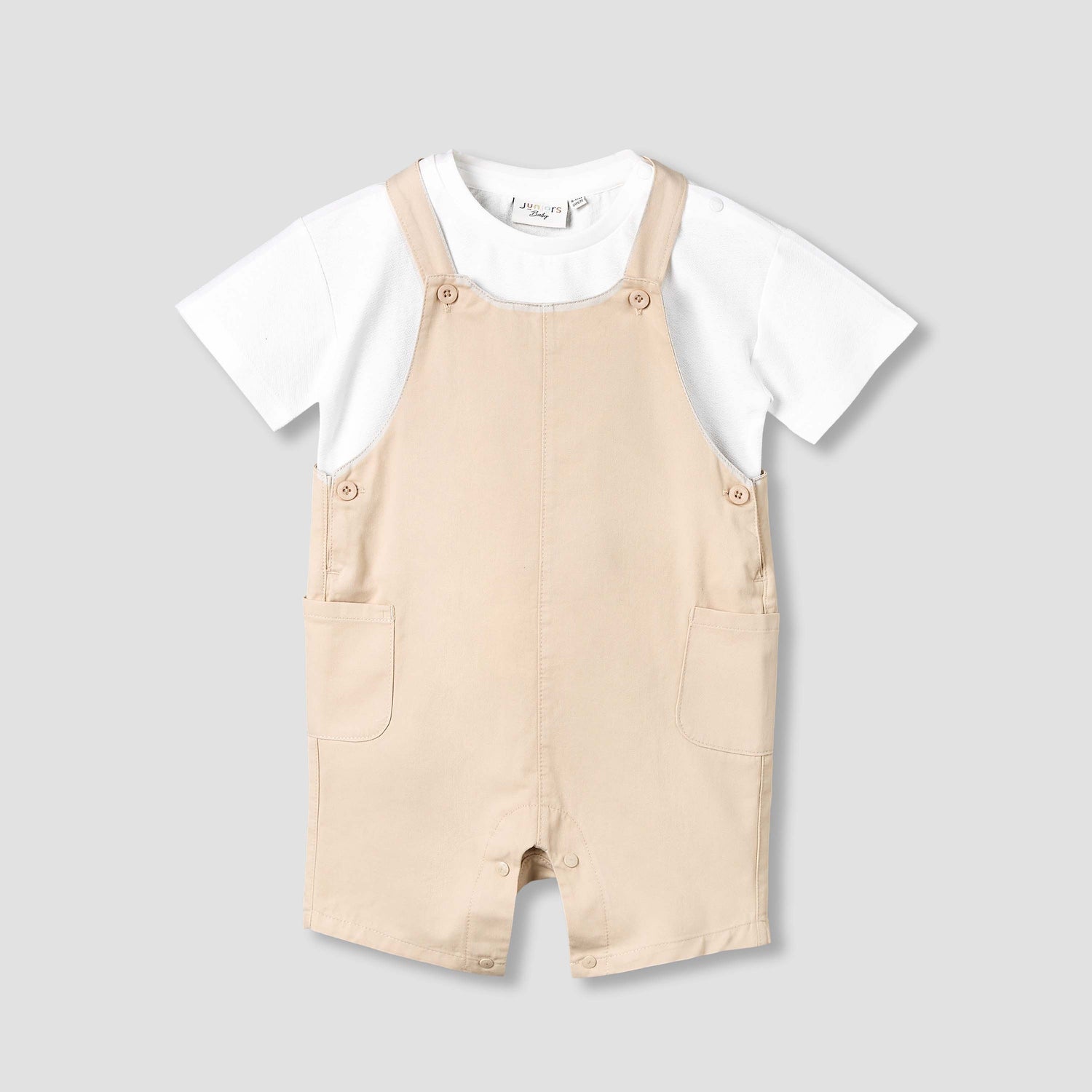 Juniors Crew Neck Short Sleeves T-shirt and Dungaree Set with Pockets - Beige / 12-18 mths