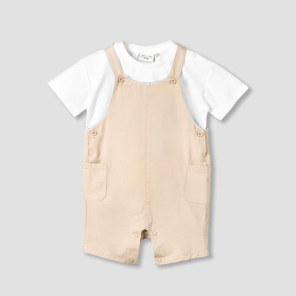 Juniors Crew Neck Short Sleeves T-shirt and Dungaree Set with Pockets - Beige / 12-18 mths