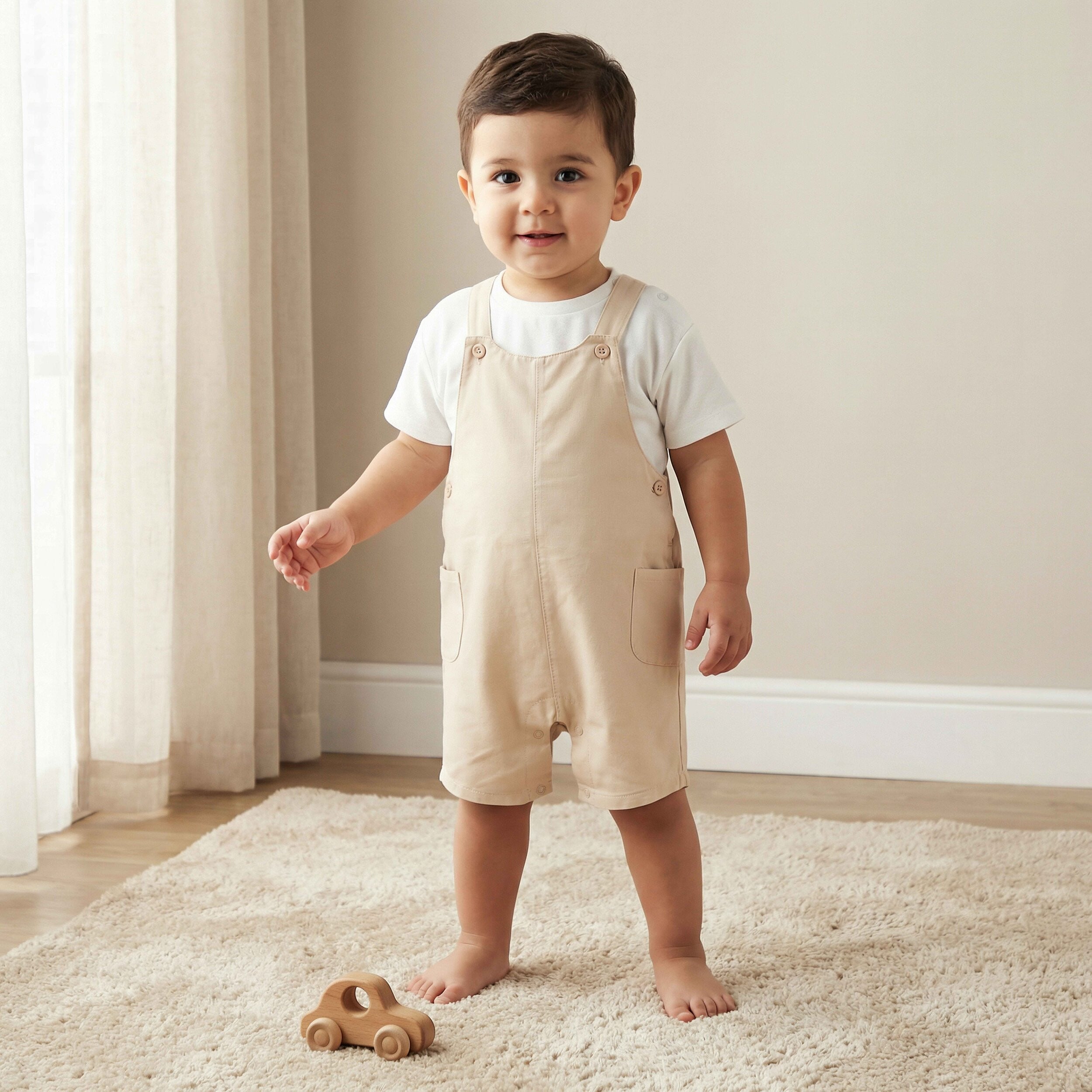 Juniors Crew Neck Short Sleeves T-shirt and Dungaree Set with Pockets - Beige / 18-24 mths