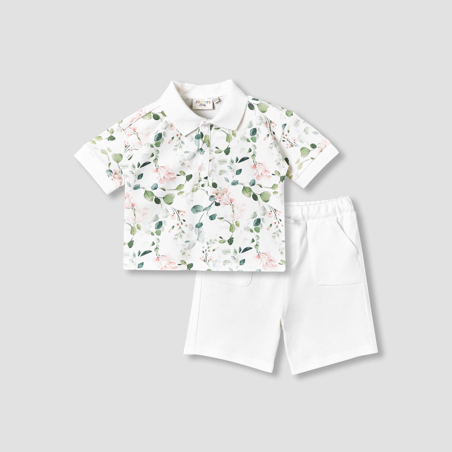 Juniors Collared Short Sleeves Polo T-shirt and Shorts Set with Floral Print - White / 12-18 mths