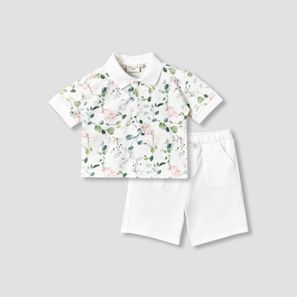 Juniors Collared Short Sleeves Polo T-shirt and Shorts Set with Floral Print