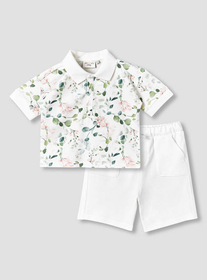 Juniors Collared Short Sleeves Polo T-shirt and Shorts Set with Floral Print-baby-boys-clothing-setsandcoords-image-2