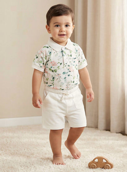 Juniors Collared Short Sleeves Polo T-shirt and Shorts Set with Floral Print-baby-boys-clothing-setsandcoords-image-1