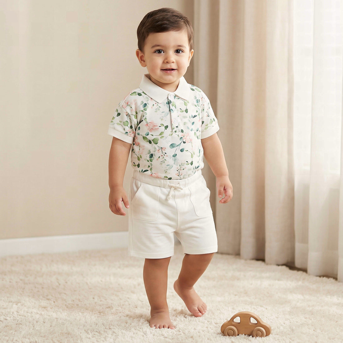 Juniors Collared Short Sleeves Polo T-shirt and Shorts Set with Floral Print - White / 24-36 mths