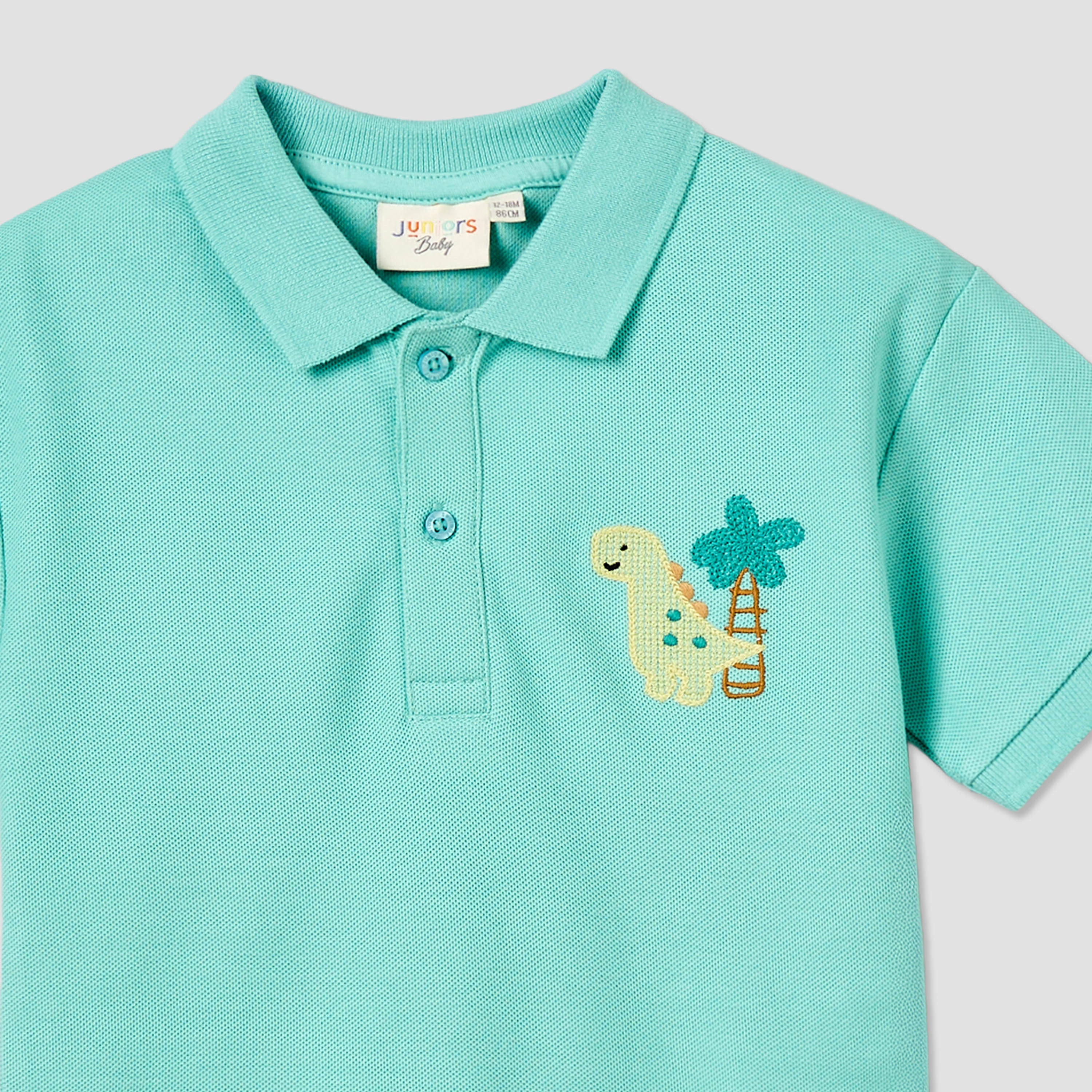 Juniors Collared Short Sleeves Polo T-shirt with Dinosaur Embroidery