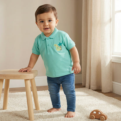 Juniors Collared Short Sleeves Polo T-shirt with Dinosaur Embroidery