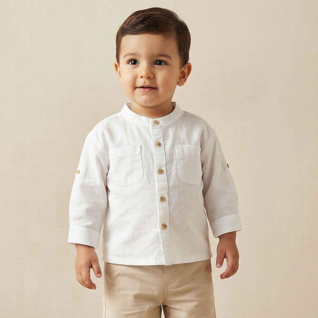 Juniors Long Sleeves Shirt with Mandarin Collar - White / 12-18 mths