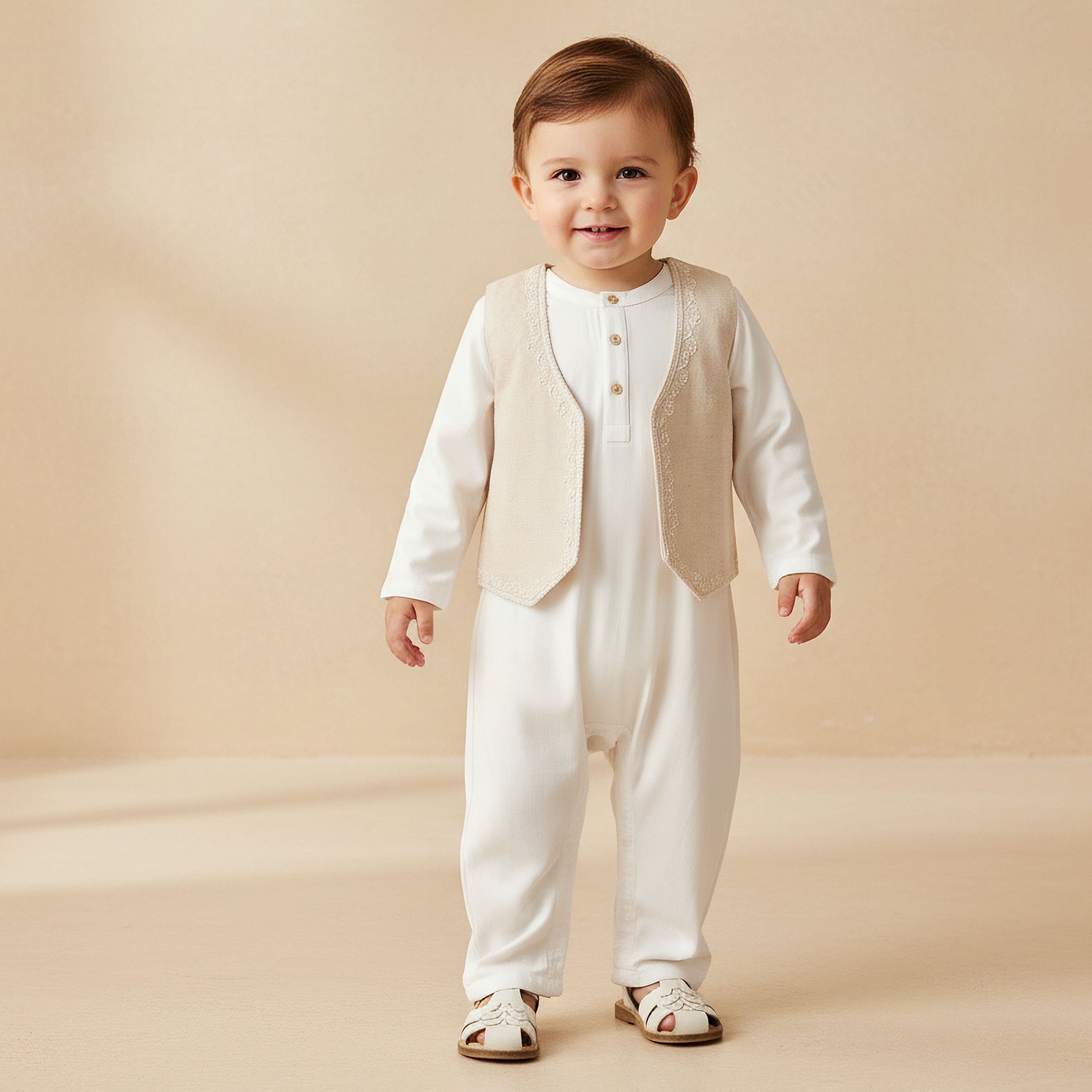 Juniors Mandarin Neck Long Sleeves Romper and Embroidered Waistcoat Set