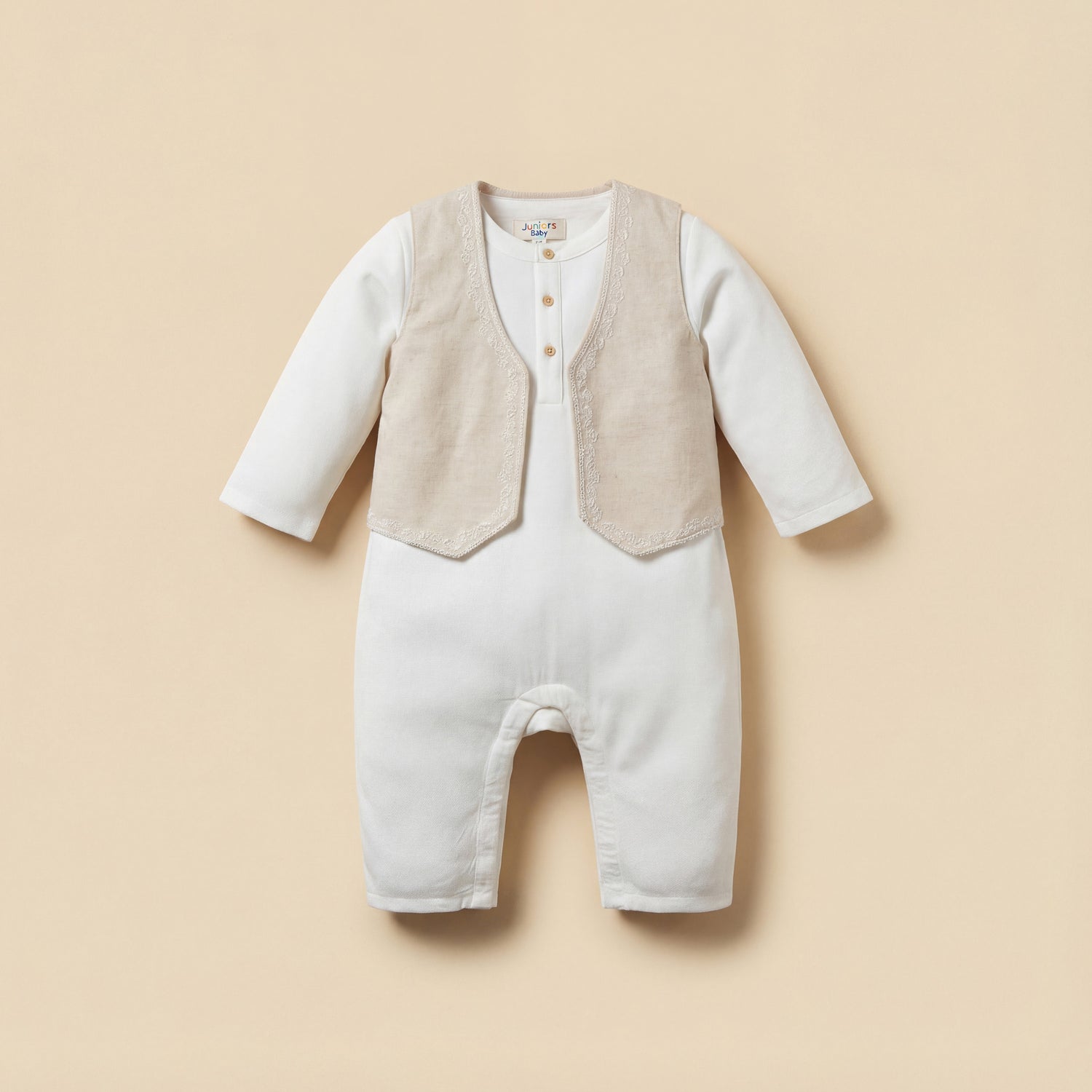 Juniors Mandarin Neck Long Sleeves Romper and Embroidered Waistcoat Set