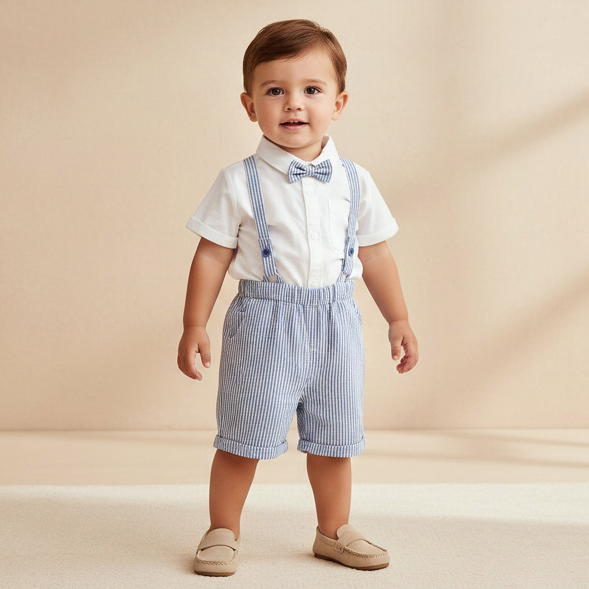 Juniors Collared Short Sleeves Bodysuit and Dungaree Set with Stripes - Multicolour / 12-18 mths