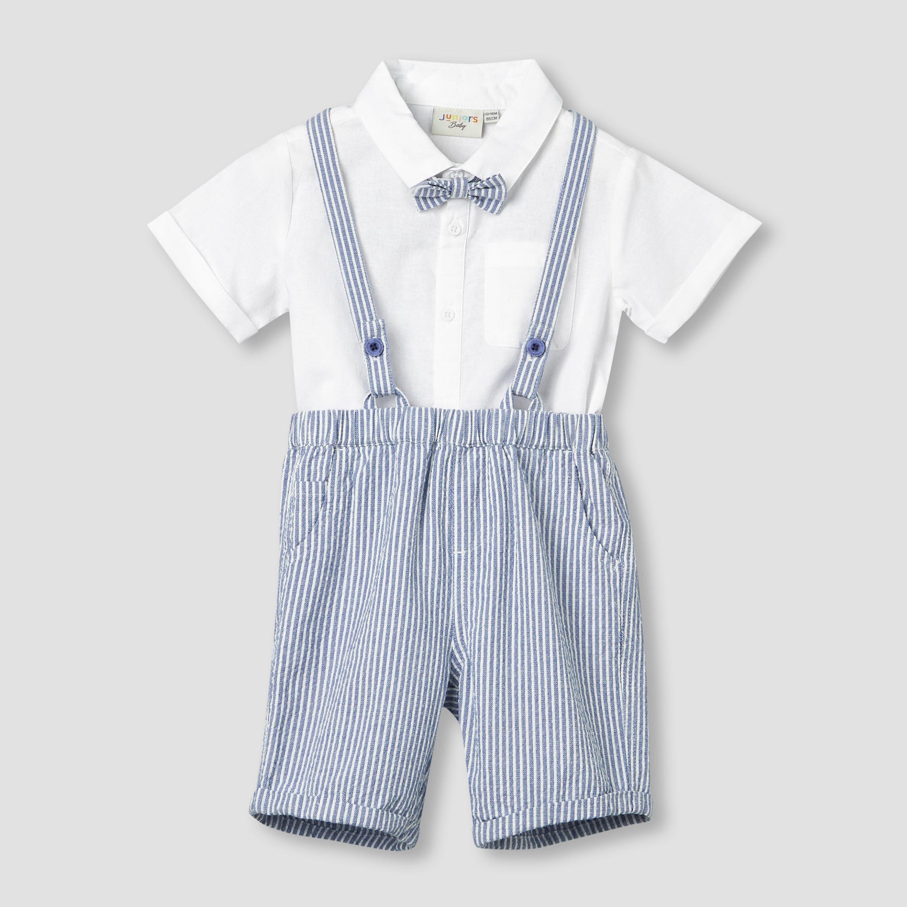 Juniors Collared Short Sleeves Bodysuit and Dungaree Set with Stripes