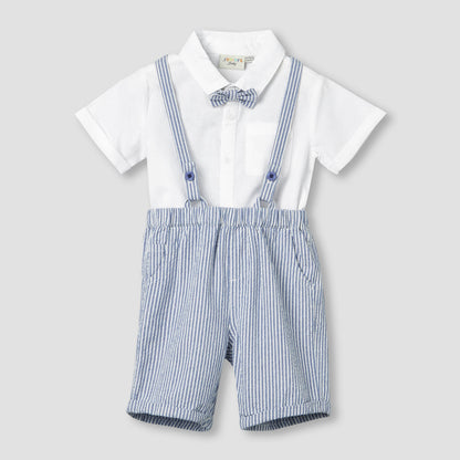 Juniors Collared Short Sleeves Bodysuit and Dungaree Set with Stripes