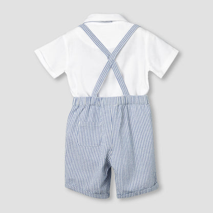 Juniors Collared Short Sleeves Bodysuit and Dungaree Set with Stripes