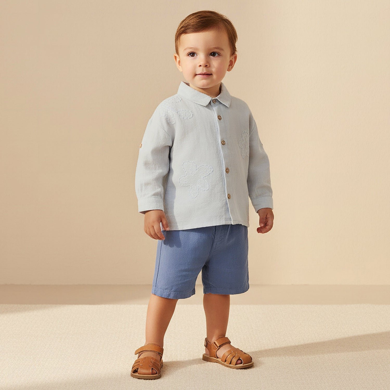 Juniors Collared Neck Long Sleeve Shirt and Shorts Set with Pockets