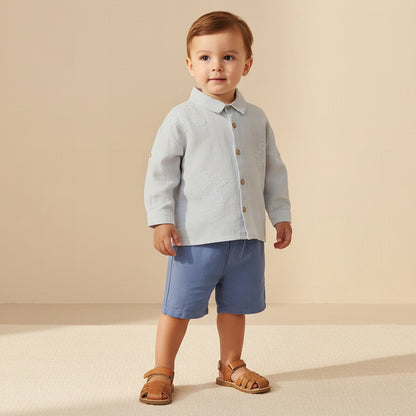 Juniors Collared Neck Long Sleeve Shirt and Shorts Set with Pockets
