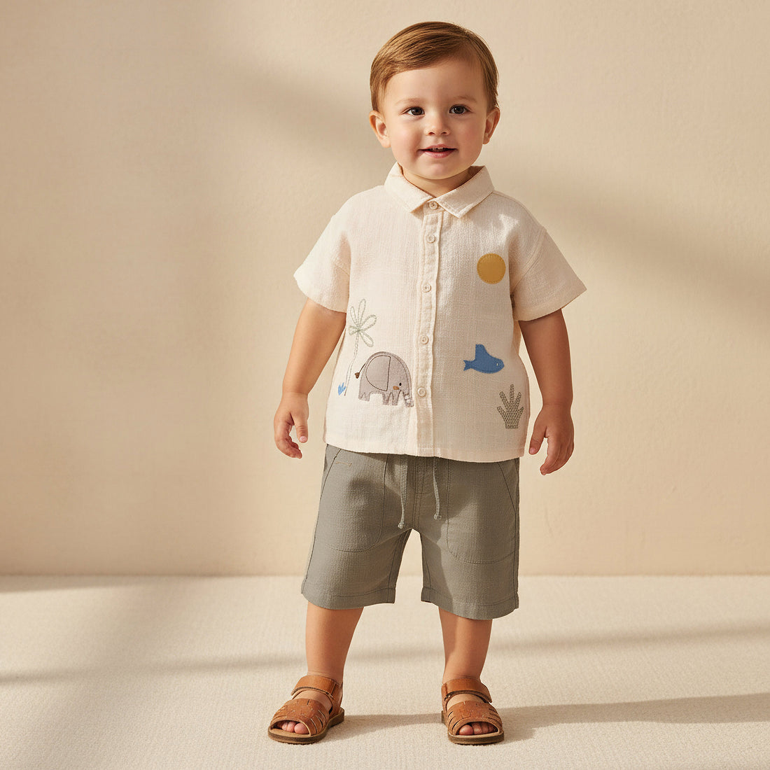Juniors Collared Short Sleeves Shirt and Shorts Set with Embroidery - Multicolour / 12-18 mths