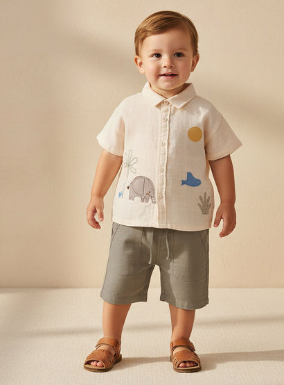 Juniors Collared Short Sleeves Shirt and Shorts Set with Embroidery-baby-boys-clothing-setsandcoords-image-1