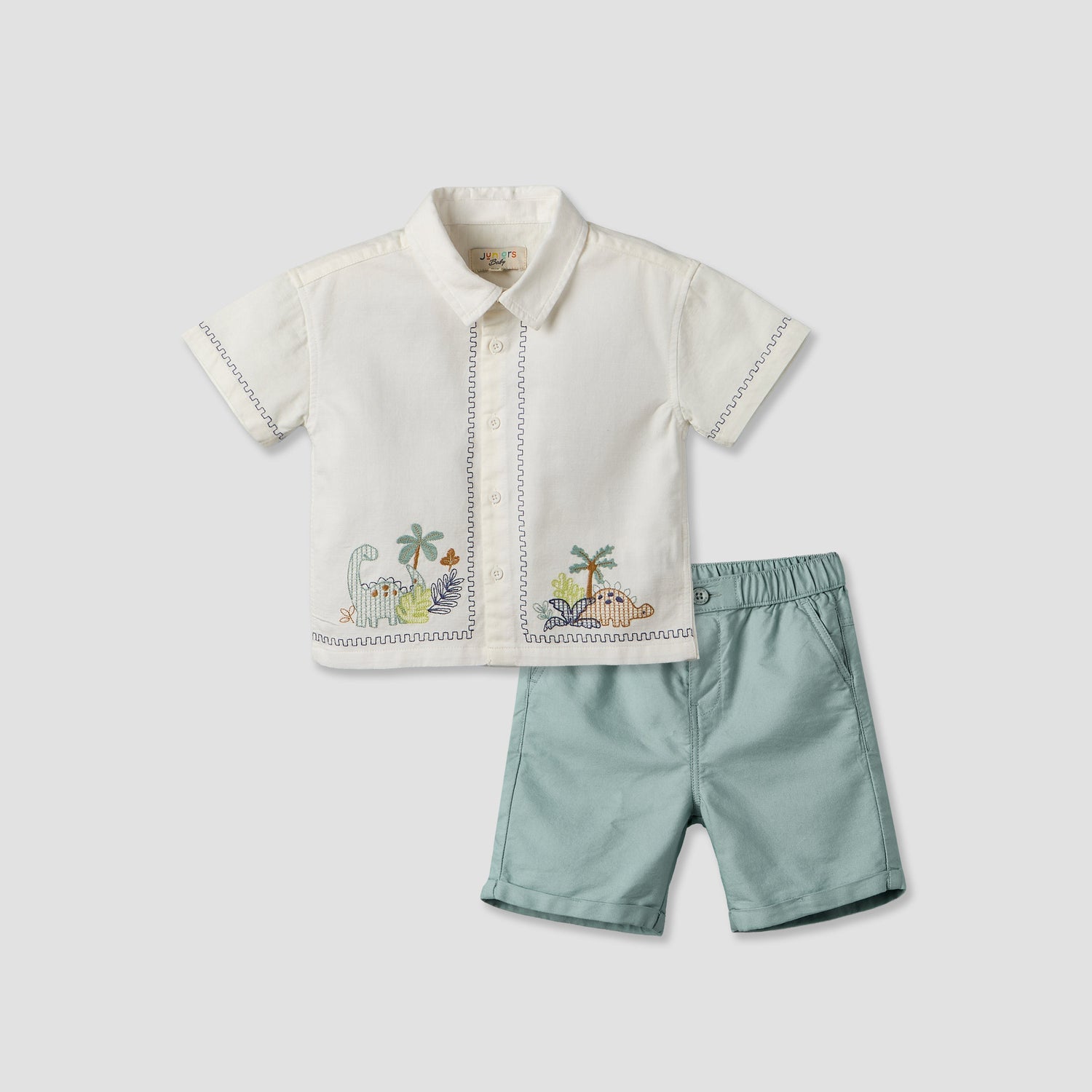 Juniors Collared Short Sleeves Shirt and Shorts Set with Embroidery - Multicolour / 12-18 mths