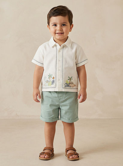 Juniors Collared Short Sleeves Shirt and Shorts Set with Embroidery-baby-boys-clothing-setsandcoords-image-1