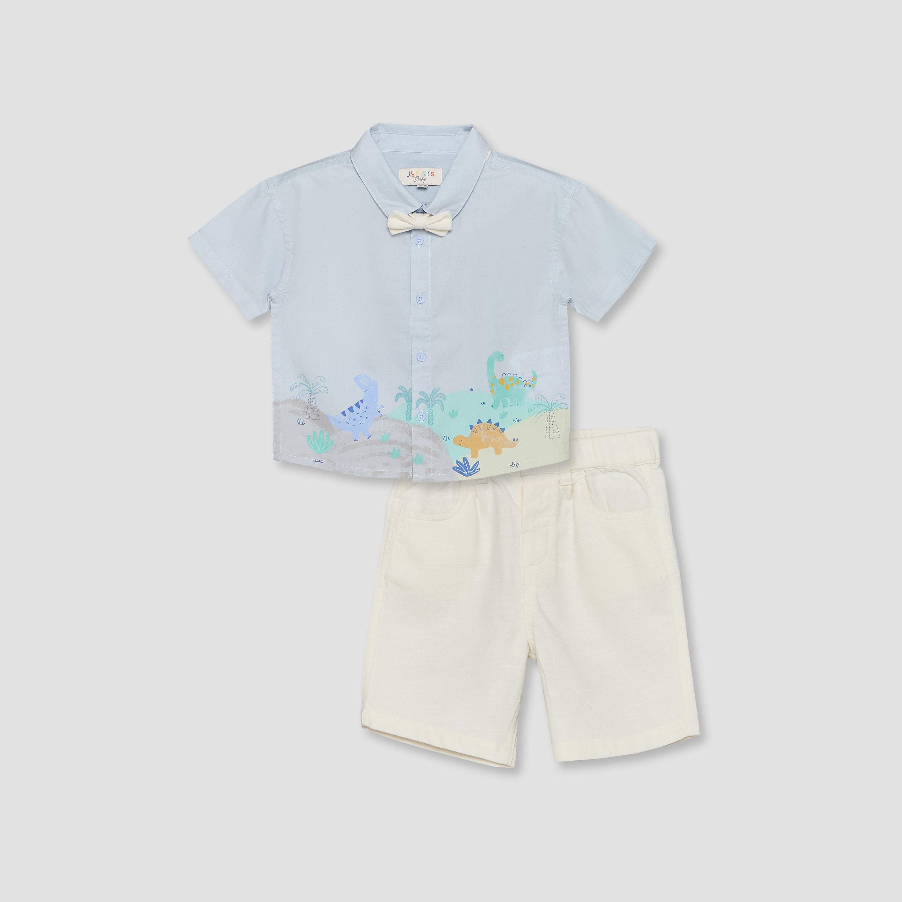 Juniors Collared Short Sleeves Shirt and Shorts Set with Dinosaur Print - Multicolour / 12-18 mths