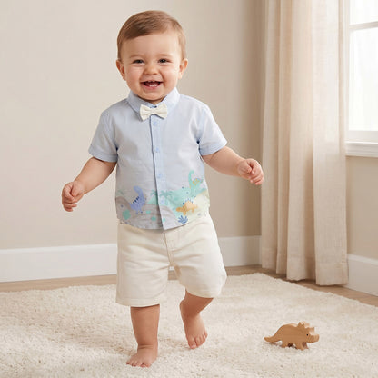 Juniors Collared Short Sleeves Shirt and Shorts Set with Dinosaur Print - Multicolour / 12-18 mths