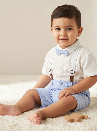 Set of 3 Juniors Collared Short Sleeve Shirt and Shorts Set with Bow Tie-baby-boys-clothing-setsandcoords-image-1