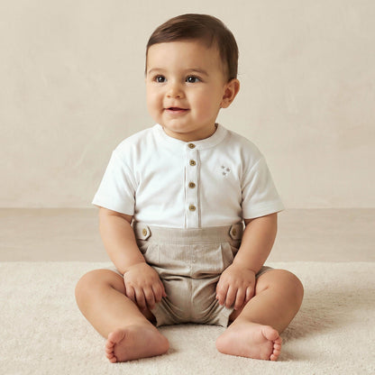 Juniors Henley Neck Short Sleeves Romper with Star Embroidered - Multicolour / 12-18 mths