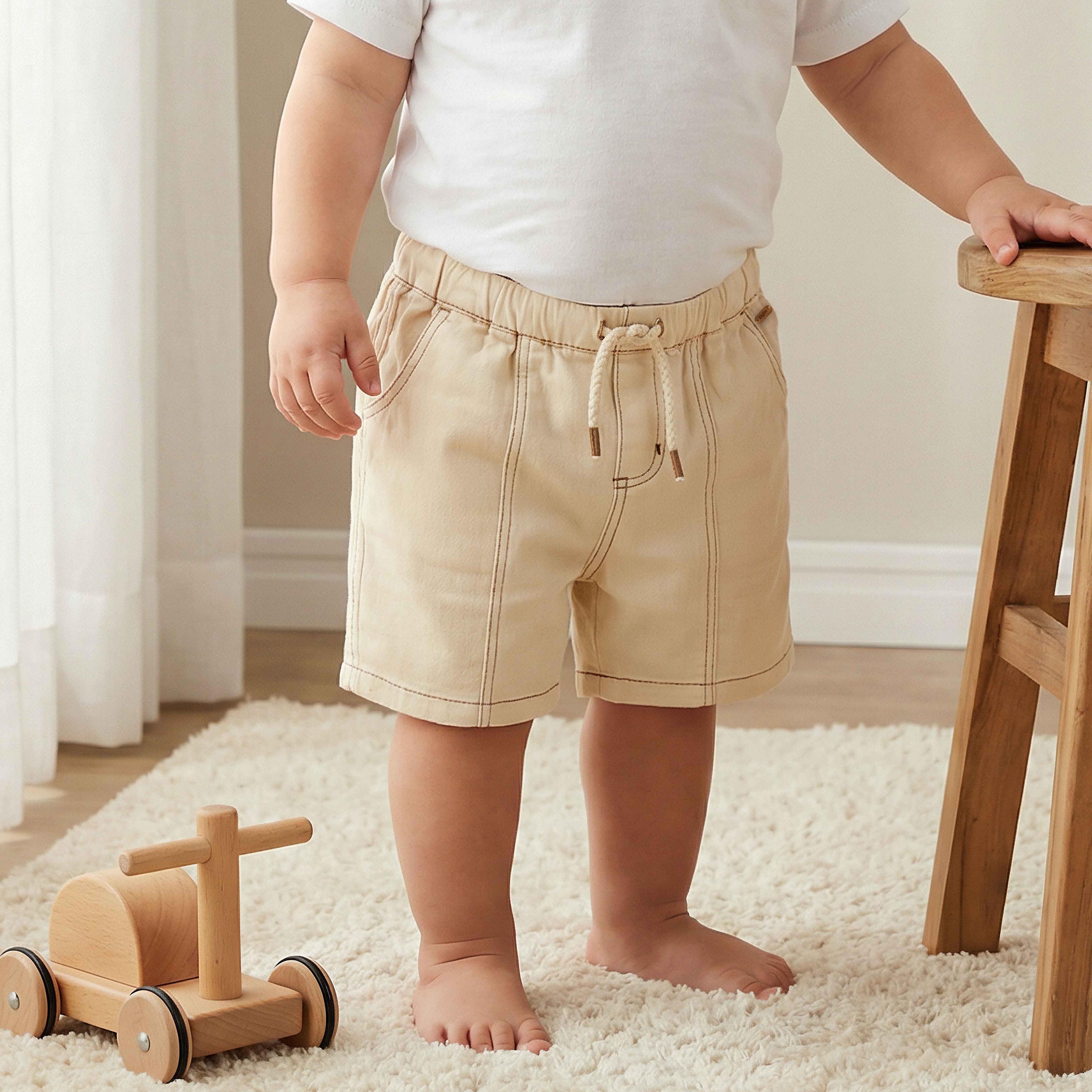 Giggles Drawstring Waist Shorts with Pockets - Beige / 24-36 mths